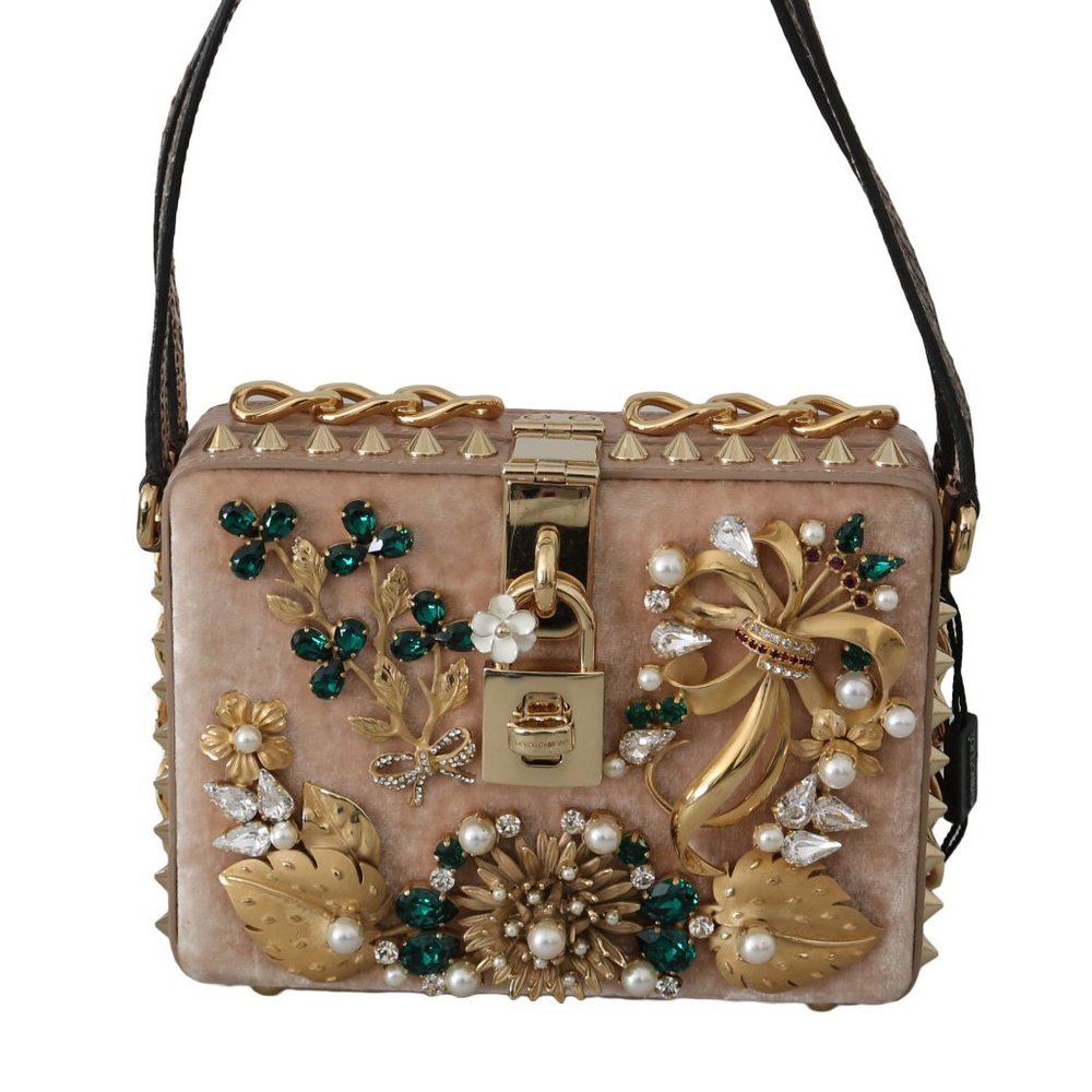 DOLCE & GABBANA Pink Velvet Leather Gold Crystal Clutch Box Purse